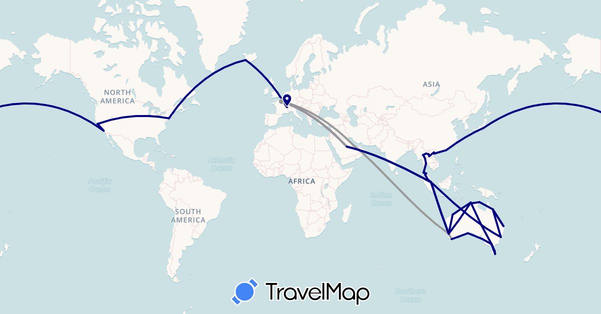 TravelMap itinerary: driving, plane in Australia, Switzerland, France, Hong Kong, Iceland, Japan, Laos, Malaysia, Qatar, Saudi Arabia, Singapore, Thailand, United States, Vietnam (Asia, Europe, North America, Oceania)